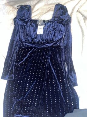 Windsor Navy Velvet Party Dress with Rhinestone Accents